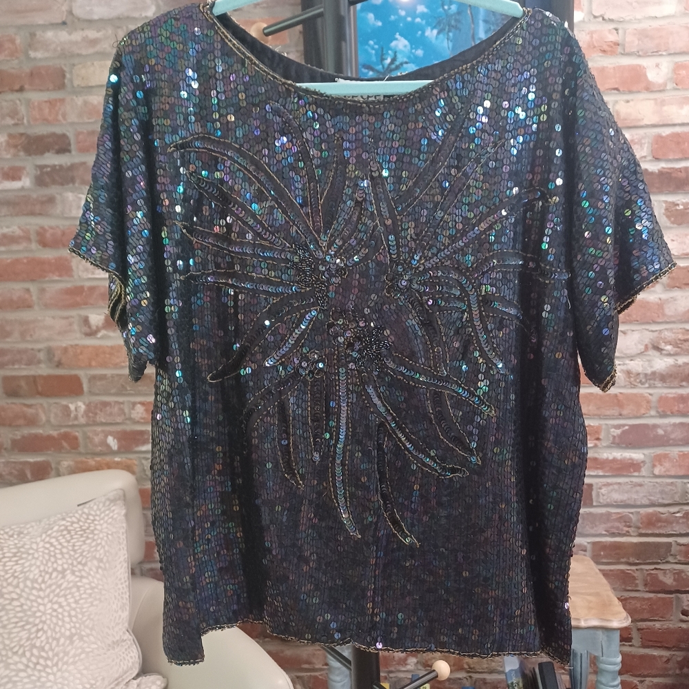 Cee Cee Beaded Sequin Silk Short Sleeve Top Size 18